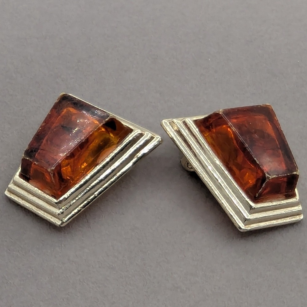 Vintage Art Deco Geometric Amber Glass Silver‎ Tone Clip-On Statement Earrings